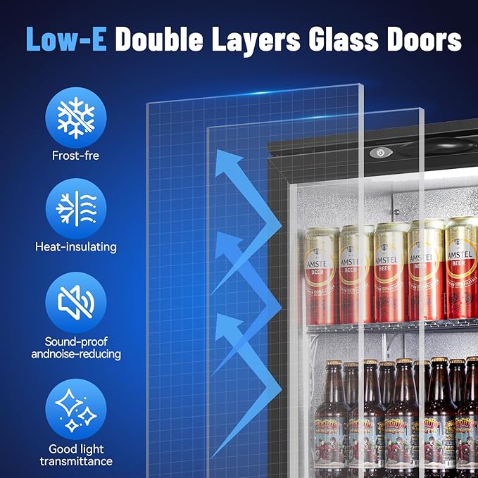 Tylza Back Bar Cooler With 2 Glass Doors, 200L Under Counter Back Bar Refrigerator with LED Lighting, Safety Locks, Counter Height Bar Beverage Cooler for Beer, Soda Drinks, Wine, Black