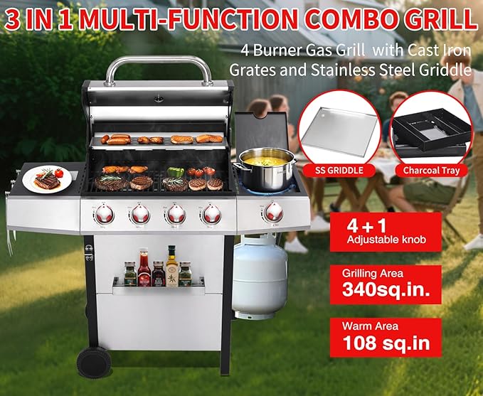 Griddle Grill Combo, Propane Gas and Charcoal Grill Combo, Outdoor BBQ Grills, 4 Burner Propane Stove with Griddle, Cast Iron Grates, Side Burner & Prep Space