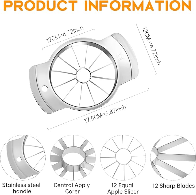 Supercenter Apple Cutter and Slicer - Stainless Steel Apple Corer - 4.72 Inch Apple Corer Tool with 12 Super Sharp Blades, Lightweight Apple Slicer and Corer & Dishwasher Safe