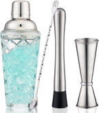 Cocktail Shaker Set, 14.2oz Glass Martini Shaker with Strainer - Includes Measuring Jigger, Mixing Spoon and Muddler - Perfect for Making Cocktails and Protein Shakes (Silver)