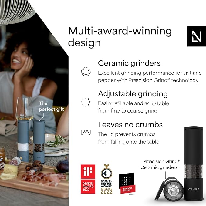 LARS NYSØM Salt and Pepper Grinder Set Manual, Stainless Steel Salt and Pepper Mills with Adjustable Ceramic Grinder I Design Spice Shakers (Carbon Black)
