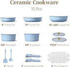 CAROTE 15Pcs Ceramic Cookware Set, Pots and Pans Set Non Stick, Kitchen Cooking Set with Detachable Handle, Non Toxic Induction Cookware, Dishwasher/Oven Safe
