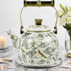 Vintage Enamel Tea Kettle, Dragonfly Floral Pattern Stovetop Teapot with Gold Handle, 2.5L Enamel Kettle Kitchen Decor, Ideal Gift for Housewarming Camping Coffee Pot