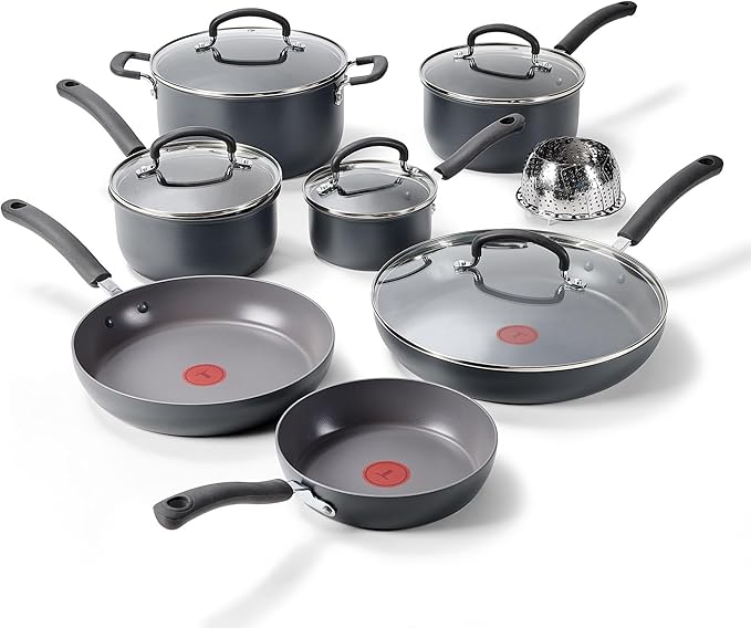 T-Fal Ultimate Hard Anodized Nonstick 13 Piece Cookware Set, Oven Safe Up to 400°F, Pots and Pans Set, Includes Frying Pans, Saucepan, Stockpot, Cooking Utensils, Stone