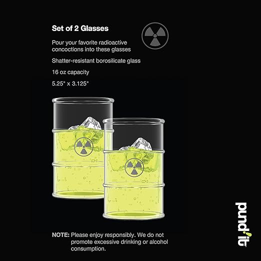 Pund'it Polluted Shatter Resistant Halloween Drink Glasses, Set of 2, 16oz Radioactive Barrel Themed Cocktail and Soda Glasses