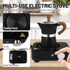 4-in-1 Moka Pot Espresso Set with Electric Stove 3 Cup Aluminum Stovetop Coffee Maker Percolator Italian Classic Mocha Coffee Machine with Powder Dispenser Filter Paper Portable Camping Black