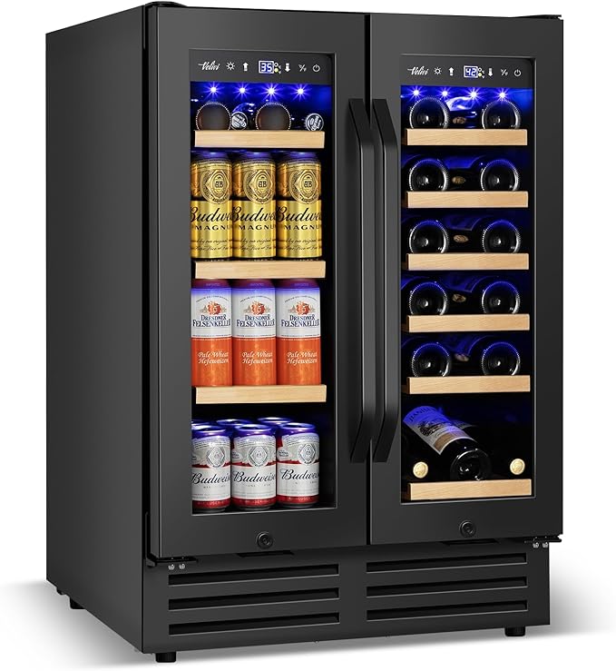 Wine and Beverage Refrigerator Black, 24 Inch Beverage Cooler Under Counter Dual Zone with Glass Door&Lock, 18 Bottles and 68 Cans Large Capacity for Beer Soda Drink, Built-In or Freestanding Fridge