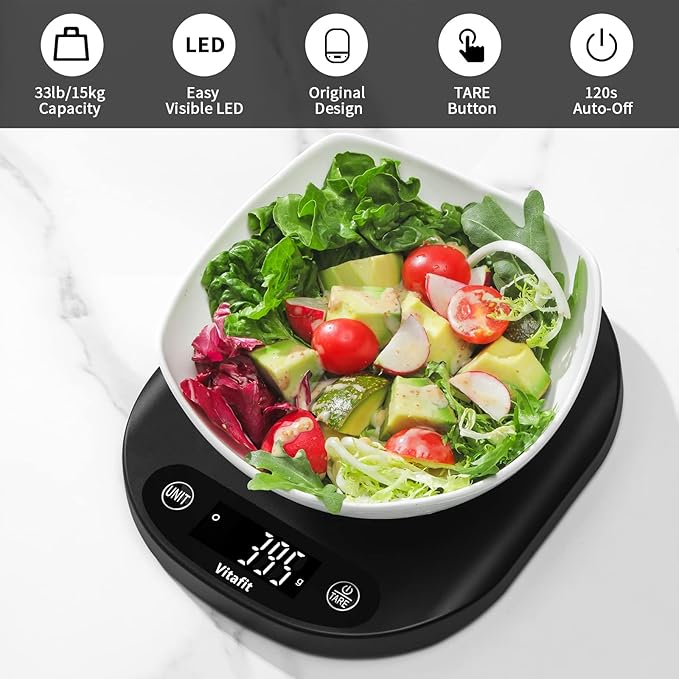 Vitafit 33lb/15kg Digital Food Scale in High Precision 0.1oz/1g, Our Own Kitchen Scale Professional Factory Since 2001, Home and Kitchen Essentials for Cooking and Baking, LED, 3*AAA Batteries, Black