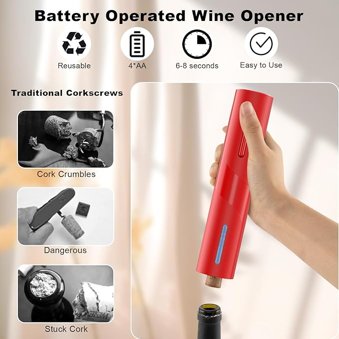 COKUNST Electric Wine Opener, Reusable Cordless Wine Bottle Corkscrew with Foil Cutter, Battery Operated Wine Openers for Wedding Kitchen Party Home Red