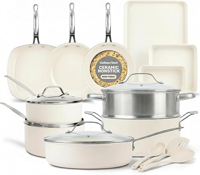 GOTHAM STEEL 20 Pc Ceramic Cookware Set Nonstick, Ceramic Pots and Pans Set Non Stick for Kitchen with Bakeware, Cooking Utensils & Steamer, Non Toxic PFOA PFOS Free, Oven & Dishwasher Safe