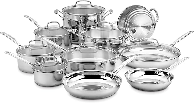 Cuisinart 17-Piece Stainless Steel Cookware Set, Chef's Classic Steel Collection with Pure Aluminum Core for Quick and Even Heat, Cool Grip Handles, Dishwasher Safe, 77-17N