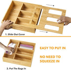 SpaceAid Bag Storage Organizer for Kitchen Drawer, Bamboo Organizer, Compatible with Gallon, Quart, Sandwich and Snack Variety Size Bag (1 Box 4 Slots, Natural, 2" High)