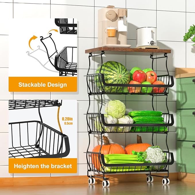 Fruit Vegetable Basket for Kitchen, 4 Tier Stackable Fruit Vegetable Storage Baskets with Wheels, Metal Wire Storage Basket Organizer Baskets for Kitchen, Pantry, Bathroom