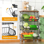 Fruit Vegetable Basket for Kitchen, 4 Tier Stackable Fruit Vegetable Storage Baskets with Wheels, Metal Wire Storage Basket Organizer Baskets for Kitchen, Pantry, Bathroom