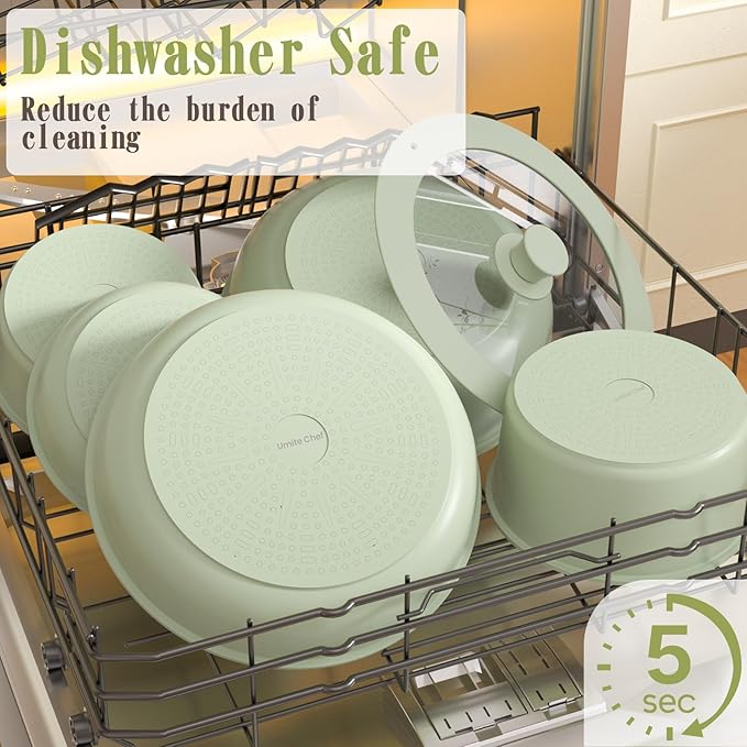 Umite Chef Non Stick Pots and Pans Set, 21 Pcs Ceramic Kitchen Cookware Set with Detachable Handle, Nonstick Healthy Induction Cookware, Dishwasher RV Cookware Set, Oven Safe, Stackable, Sage Green