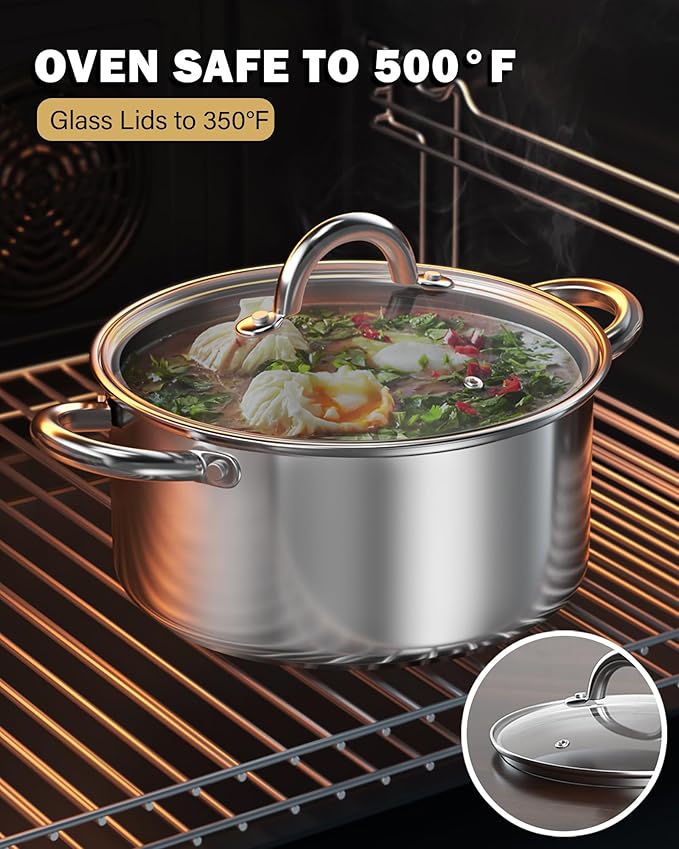 Cook N Home 6-Piece Stainless Steel Pots Set, 1.5 & 3 Qt Sauce Pots with Lids, 5.5 Qt Dutch Oven Stockpot, Induction Compatible, Dishwasher & Oven Safe, Riveted Handles