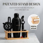 Modern Mixology Cocktail Shaker Set - 8 Piece Bartender Kit on Quality Pine Stand | Complete Cocktail Kit Gift Set | Top Bartender Gifts for Men | Leak Proof Design (Black)