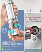 CIRCLE JOY Battery Operated Electric Salt and Pepper Grinder Set with Base, Stainless Steel Pepper Mills with 95ml Container, White LED Light and External Adjustable Coarseness, Silver