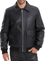 Leather Jacket Men,Lambskin Bomber Jacket with Removable Real Fur Collar,Front Zip Closure, Multiple Pockets