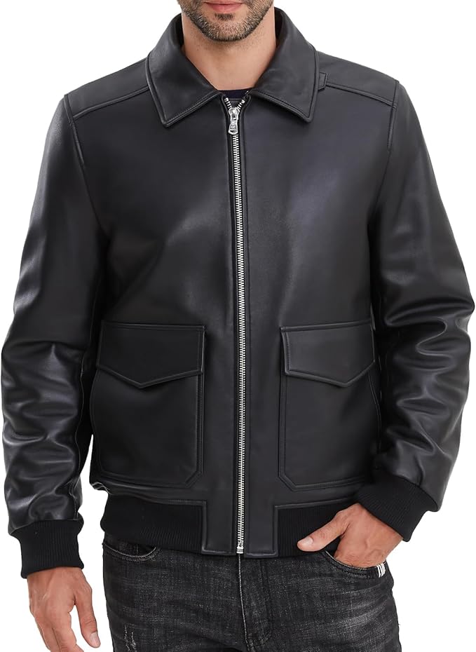 Leather Jacket Men,Lambskin Bomber Jacket with Removable Real Fur Collar,Front Zip Closure, Multiple Pockets