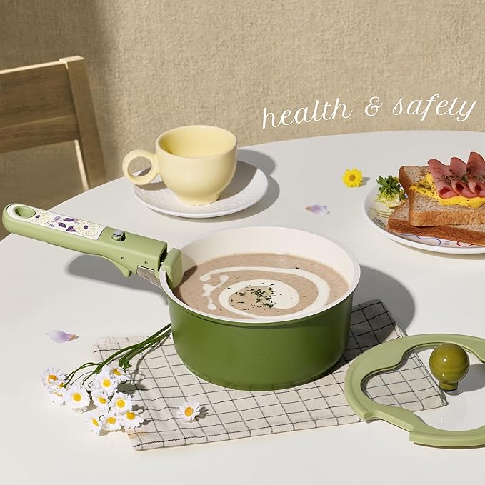 CAROTE 11pcs Ceramic Cookware Set, Pots and Pans Set Non stick, Induction Kitchen Cookware with Removable Handle, RV Dishwasher ＆ Oven Safe, RV/Camping Cookware, PFOA Free, Green