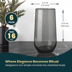 Grey Drinking Glasses Set of 6 | Translucent Black Glassware | 16 oz Smoked Grey Glass Cups | Highball Drinkware for Cocktails, Long Drink, Mojito, Juice, Soda | Modern Charcoal Drinkware