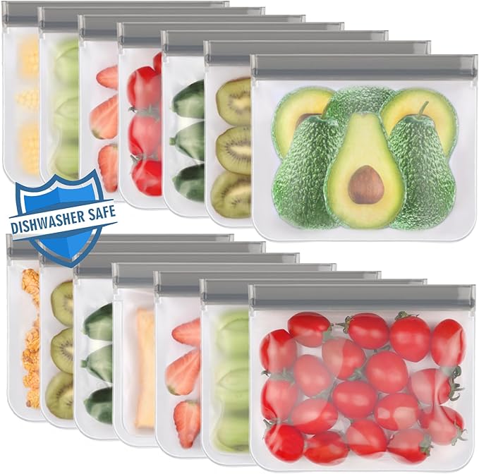 Lerine 14 Pack Reusable Sandwich Bags Dishwasher Safe, BPA Free Food Storag Bags, Extra Thick Leakproof Reusable Quart Freezer Bags for Cereal, Lunch, Vegetables, Fruits (Gray, 14Sandwich)