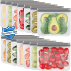 Lerine 14 Pack Reusable Sandwich Bags Dishwasher Safe, BPA Free Food Storag Bags, Extra Thick Leakproof Reusable Quart Freezer Bags for Cereal, Lunch, Vegetables, Fruits (Gray, 14Sandwich)