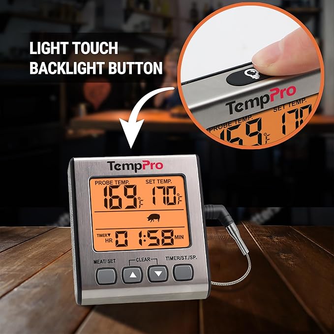 TempPro Digital Meat Thermometer for Cooking and Grilling, BBQ Food Thermometer with Backlight and Kitchen Timer, Grill Temperature Probe Thermometer for Smoker, Oven, Baking,Oil(Previously ThermoPro)