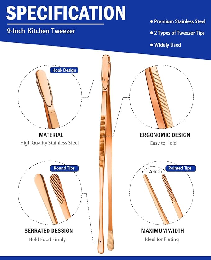 JETKONG 2 Pcs 9-Inch Kitchen Tweezers Cooking Tweezer Tongs Stainless Steel Food Tweezers (Rose Gold)