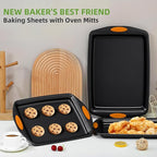 5-Piece Nonstick Baking Pans Set - Premium Carbon Steel Bakeware with PFOA/PFOS/PTFE-Free Coating, Red Silicone Handles (Black Orange)