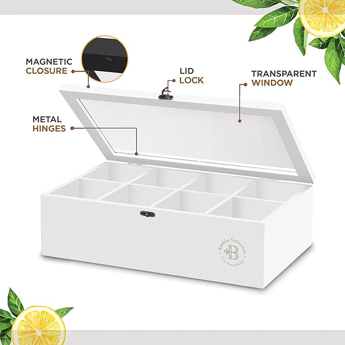 Tea Bag Organizer - White Bamboo Tea Box Organizer Storage Box, Tea Bag Holder with Acrylic Window, Magnetic Lid Keeps Tea Bags Fresh - Tea Organizer Caddy (Tea Not Included) Christmas Gift