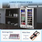 24 Inch Wine and Beverage Refrigerator, Dual Zone Beverage Cooler with Glass Door, Built-In or Freestanding Wine Fridge with Fast Cooling, 20 Bottles and 88 Cans Large Capacity
