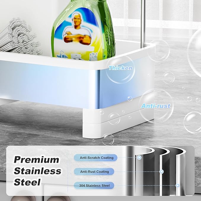 Ewaiira Stainless Steel Sink Caddy, Sponge Holder for Kitchen Sink with Brush Holder & Dishcloth Rack, Rustproof Sink Organizer Countertop, Kitchen Organizers Storage Essentials (E-White 9.8″)