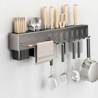 SEIDO Carbon Steel Utensil Rack – Space-Saving 20" L Kitchen Organizer with hooks & hanging bar, Gunmetal Gray Knife Holder, 2 Installation Options (Adhesive/Screwed)