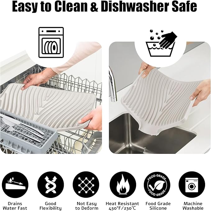 TIKNIK Silicone Dish Drying Mat, Stone Drying Mat for Kitchen Counter with Built-In Drain, Non-Slip Drain Pad with Built-in Drain, Heat Resistant Stone Drying Mat, Hangable, Cream-1pcs, 20" x 15"