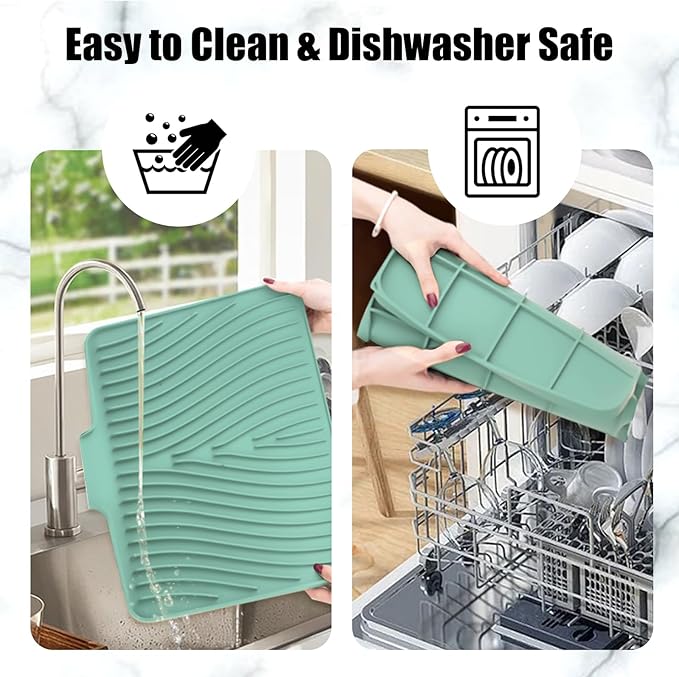TIKNIK Silicone Dish Drying Mat, Stone Drying Mat for Kitchen Counter with Built-In Drain, Non-Slip Drain Pad with Built-in Drain, Heat Resistant Stone Drying Mat, Hangable, Mint-1pcs, 16" x 12"