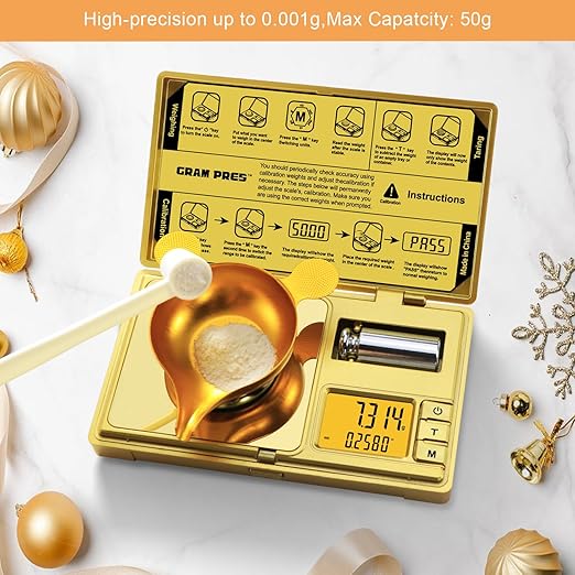 GRAM PRES High Precision Milligram Scale,50g/0.001g Digital Mini Pocket Gram Scale,Mg Scale for Weighing Powders,Jewelry, Medicine, Gem, Reloading,Gold Scale with Cal Weight, Tweezer and Tray