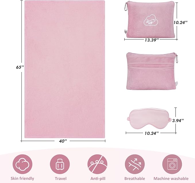 Travel Blanket, Airplane Blanket, Ultra-Soft, Warm & Lightweight, 65x40 in, Outdoor Blanket Essentials for Women, Men & Kids, Included Eye Mask, Luggage Sleeve & Backpack Clip Pink