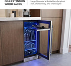 Zephyr Presrv 15" Slim Wine Fridge & Beverage Refrigerator Single Zone Under Counter - Narrow Mini Wine Cooler Small Beer Cabinet Drink Chiller Freestanding with Glass Door, 4 bottles, 64 cans