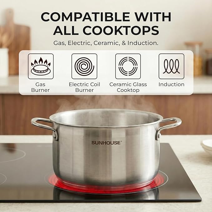 SUNHOUSE 18/8 Stainless Steel Stock Pot - 6.5 Quart Heavy-Duty Induction Cooking Pot with Visible Lid for Pasta, Soup, Spaghetti - Nonstick Thick-Bottom Deep Stockpot