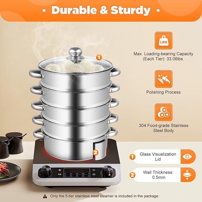 5-Tier Stainless Steel Steamer, 12.59 * 2.75inch Cooking Tools Pan Set Household Cookware Pot Large Capacity Kitchenware Multi-Purpose Kitchen Implements Stackable Vegetable Pan w/Glass Lid