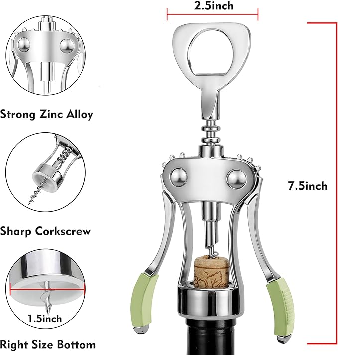 KORCCI Wine Opener, Heavy-Duty Zinc Alloy Wing Corkscrew, Premium Beer Bottle Opener, Multifunctional Wine Accessories with Ergonomic Handle and Sharp Screw, for Kitchen, Bar, Restaurant (GREEN)