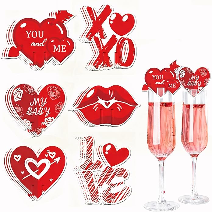 24Pcs Valentine's Day Drink Markers Wine Glass Markers, Heart, Lip Shape Wine Charms for Stem Glasses - Wedding, Bridal for Christmas New Year Party Decor Supplies
