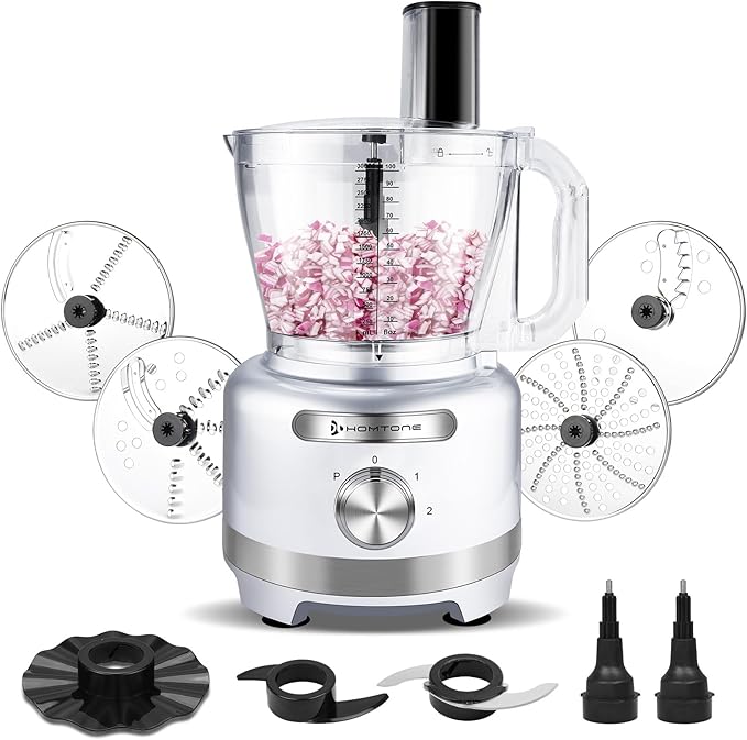 Homtone Large Food Processor 16-Cup 9-IN-1 Food Processing for Home Meal Prep, 3-Speed, 7 Blades for Shredding, Slicing, Chopping, Kneading, Emulsifying, French Fry Disc, Dishwasher Safe, Silver