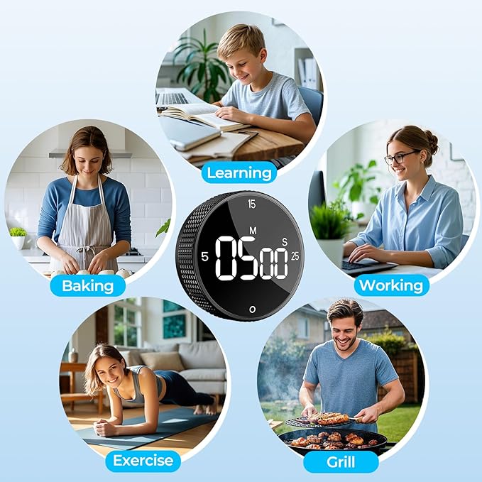 Digital Kitchen Timer, Large Display Magnetic Countdown Countup Timer, 3 Preset Times (5, 15, 25),Volume & Brightness Adjustable for Cooking Classroom Studying, Easy for Kids (Black,2Pcs)