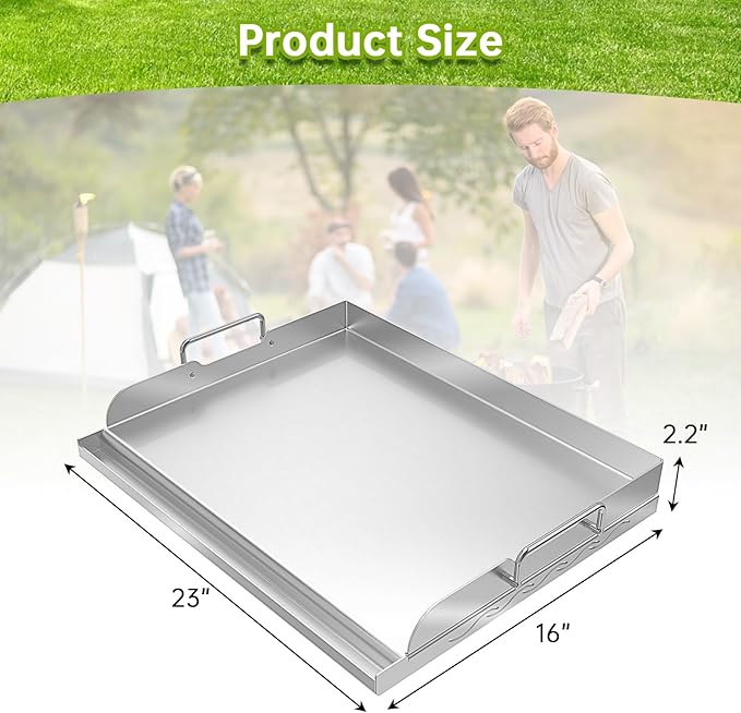 Universal Stainless Steel Griddle Flat Top Plate with Even Heating Bracing for BBQ Charcoal and Gas Grills, Camping, Tailgating, and Parties,with Grease Groove and Removable Handles (23" x 16")