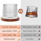 Rotatable Old Fashioned Glass Cup, 275ml/10oz Crystal Whiskey Glass Set of 2, Wood Coaster, Thickening, Used as Rum Glass Cup, Cocktail, Coffee, Milk to Relax and Reduce Stress, Christmas gifts