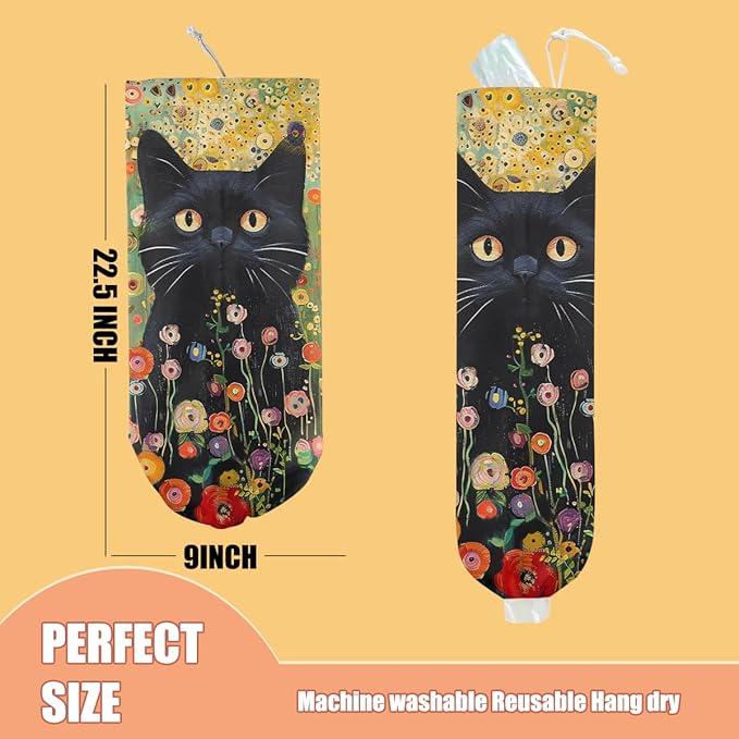 Flower Cat Plastic Bag Holder, Wall Mount Grocery Bag Holder, Plastic Storage bag, Pull Rope Free Adjustment, Plastic Bag Holders for Grocery Bags, Plastic Bag Dispenser for Home Kitchen Cabinet