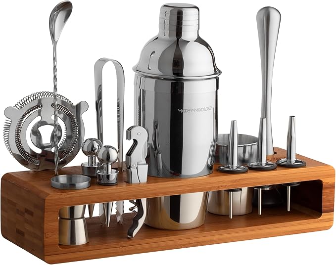 Modern Mixology 21-Piece Cocktail Shaker Set with Stand | Complete Cocktail Kit Gift Set | Top Bartender Gifts for Men & Women | Portable Bar Tools (Silver, Brown Stand)